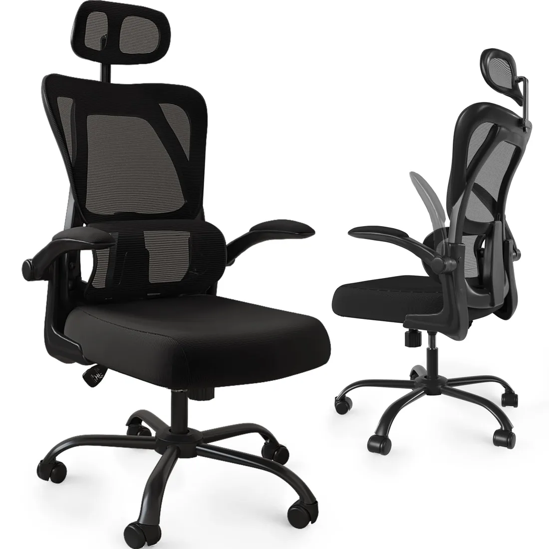 Devoko Silla Oficina, Soporte Lumbar Ajustable Silla Oficina Ergonomica, Silla Escritorio Altura Ajustable,Inclination Angle of 90°-120°,Reposabrazos Abatibles 90°,Silla Giratoria 150 kg,Negro
