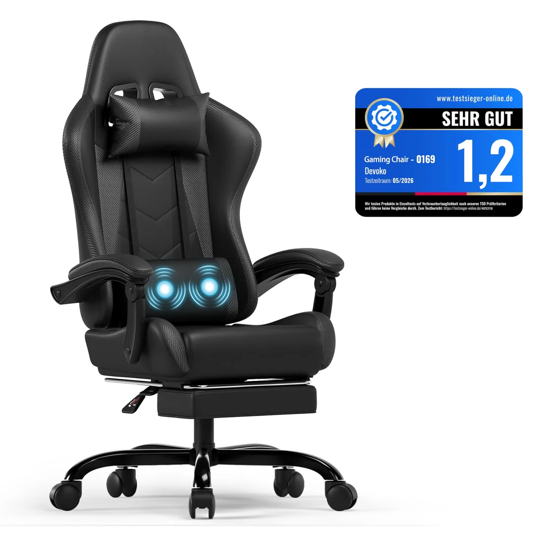 Devoko Silla Gaming con Masajeador, Silla Oficina con Reposapiés, Silla Juego de Carreras con una Carga de 150 kg, Respaldo Ajustable Alto Silla Ergonomica de Juegos Reclinable 90-135° (Negro)