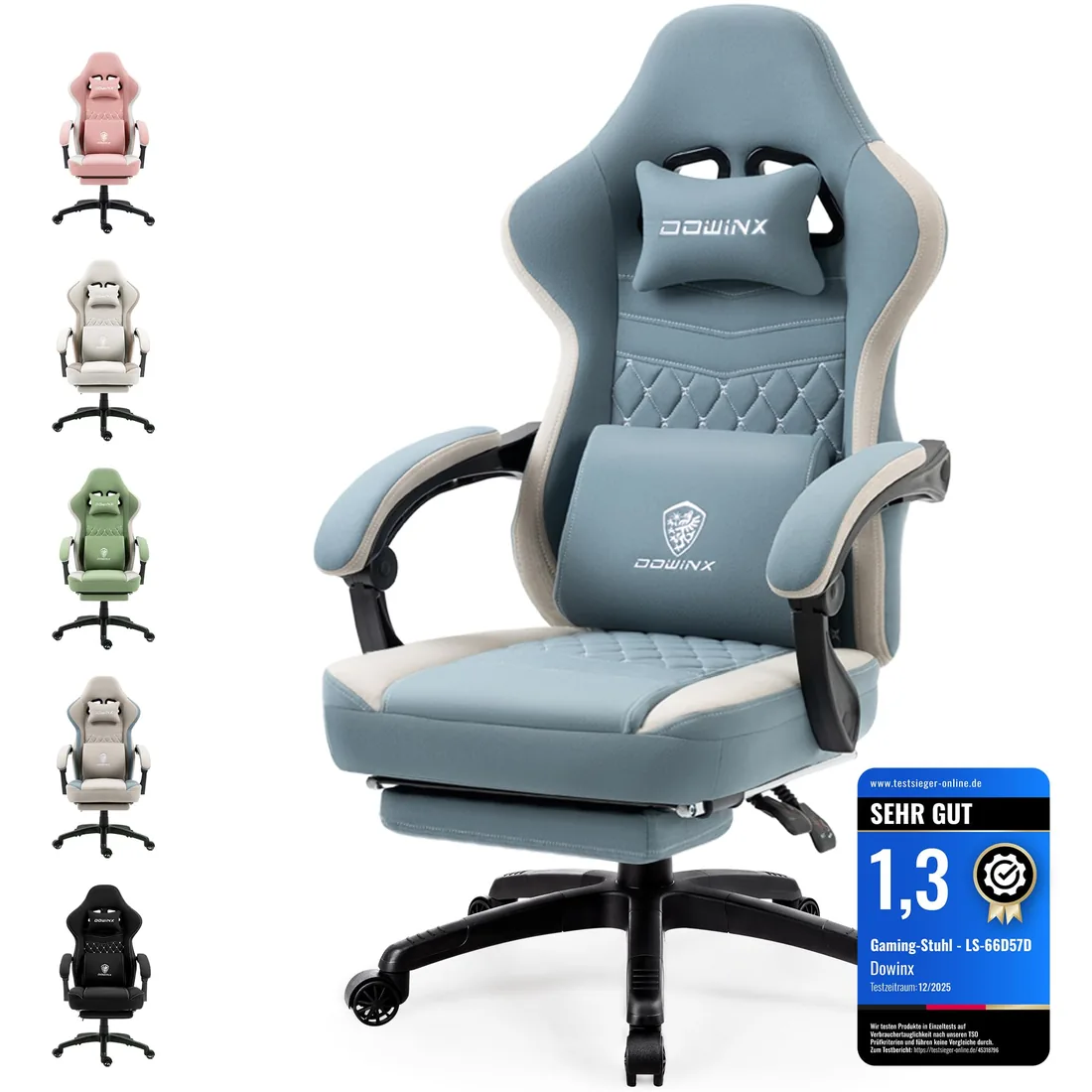 Dowinx Silla de Gaming de Tela con cojín de muelles ensacados, sillón de Masaje con reposapiés, Silla ergonómica de PC, Silla de Oficina, 150 kg, Color Azul