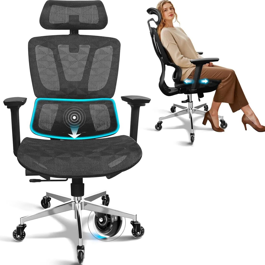 MELOKEA Silla de oficina ergonómica con cojín de malla y ruedas de goma, 4 ángulos de inclinación, reposabrazos 4D, soporte lumbar, profundidad ajustable, soporte para piernas, grande y alto, 150 kg